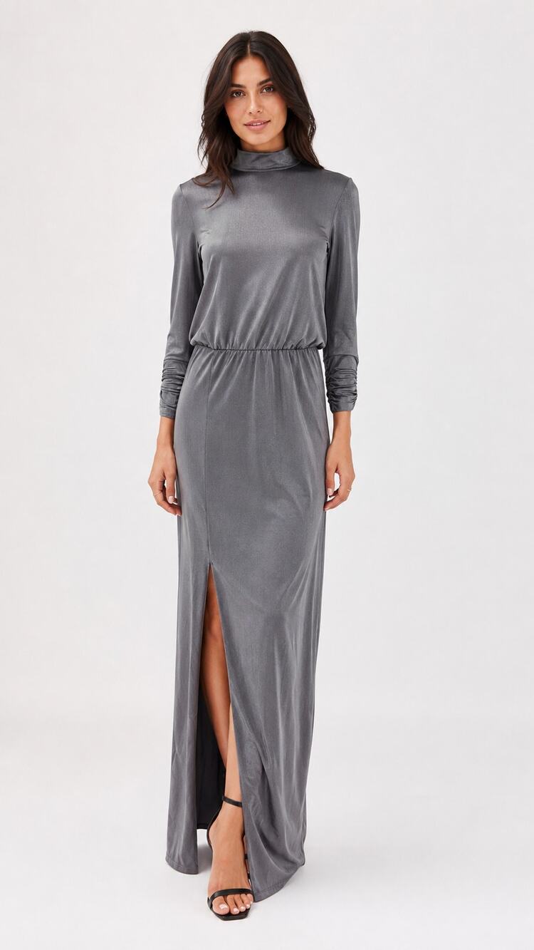 Gestuz RizaGZ 3/4 Sleeve Formal Maxi Dress Gray Mock Neck Womens Size XS New